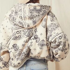 Free People Billie Jacket Reversible Fleece Sherpa Coat Hoodie Printed Sz. M